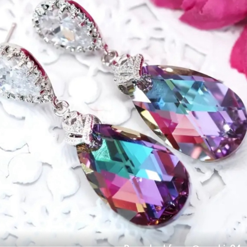 Pear Shaped Iridescent 1 3/4” Drop Earrings - New
